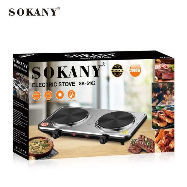 SOKANY Plaque Éléctrique Portable - Plaque de Cuisson à 2 feux - Plaque Éléctrique en Acier Inoxydable - Double Plaque de Cuisson avec une Grande Stabilité