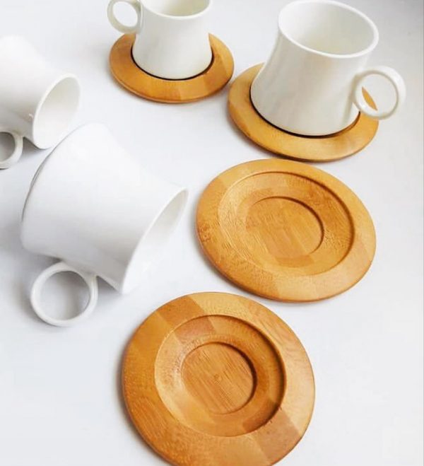 ensemble 6 tasse en porcelaine sous tasse en bois – Image 2