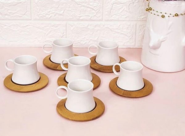 ensemble 6 tasse en porcelaine sous tasse en bois