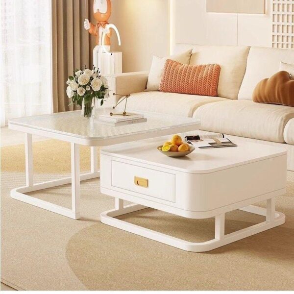 Table Basse en Verre, Ensemble de 2 Tables Basses carrées avec tiroirs de Rangement, Tables Basses au Design Moderne pour Le Salon, Table Basse Blanche de Style Nordique, Assemblage Facile