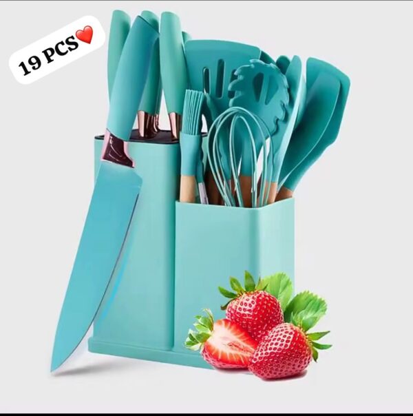 Set d'ustensiles de Kitchen et de couteaux 19 Pieces avec bloc, ustensiles de cuisine en silicone, couteau en acier inoxydable, ciseaux, pinces à fouet et planche à découper