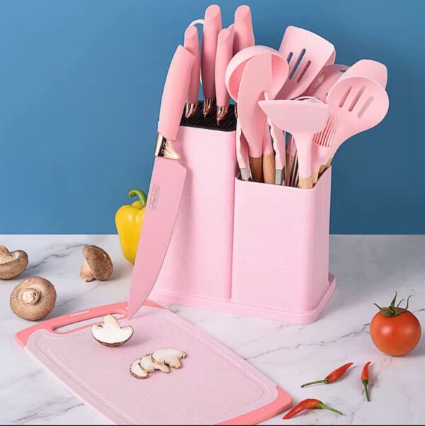Set d'ustensiles de Kitchen et de couteaux 19 Pieces avec bloc, ustensiles de cuisine en silicone, couteau en acier inoxydable, ciseaux, pinces à fouet et planche à découper – Image 4
