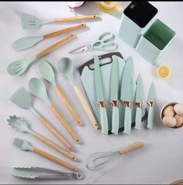 Set d'ustensiles de Kitchen et de couteaux 19 Pieces avec bloc, ustensiles de cuisine en silicone, couteau en acier inoxydable, ciseaux, pinces à fouet et planche à découper – Image 3