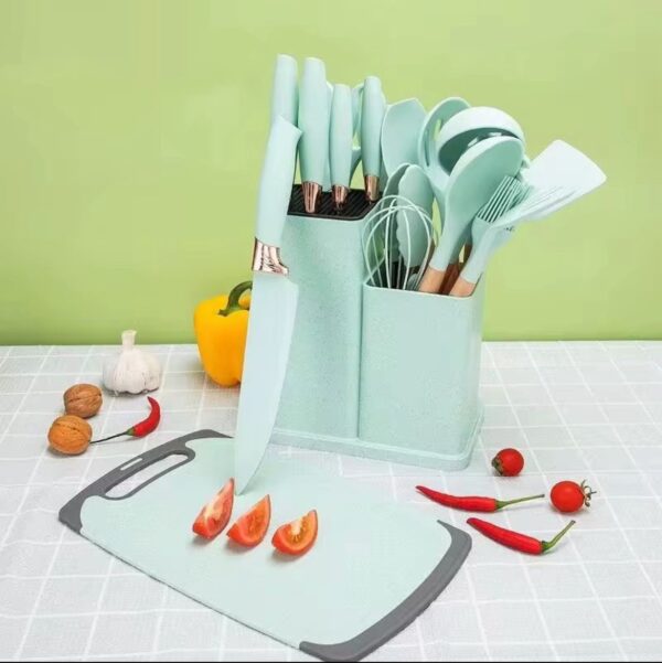 Set d'ustensiles de Kitchen et de couteaux 19 Pieces avec bloc, ustensiles de cuisine en silicone, couteau en acier inoxydable, ciseaux, pinces à fouet et planche à découper – Image 2