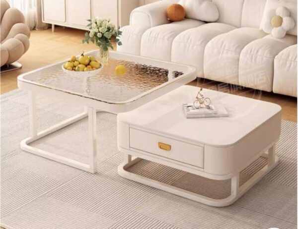 Table Basse en Verre, Ensemble de 2 Tables Basses carrées avec tiroirs de Rangement, Tables Basses au Design Moderne pour Le Salon, Table Basse Blanche de Style Nordique, Assemblage Facile – Image 2